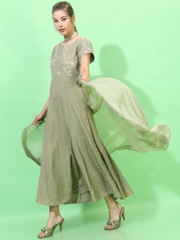 VISHUDH - Women Ethnic Motifs Printed A-Line Maxi Ethnic Dress With Dupatta (Set of 2)