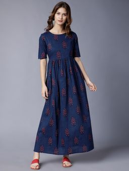 VISHUDH - Navy Blue Ethnic Motifs Printed Cotton Maxi Dress