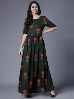 VISHUDH - Women Olive Green Printed Maxi Dress