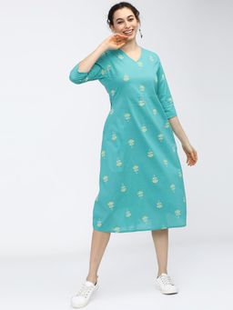 VISHUDH - V-Neck A-Line Midi Dress