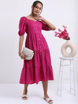 VISHUDH - Magenta Ethnic Motifs Printed Sweetheart Neck Tiered A-Line Midi Dress