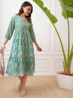 VISHUDH - Green Floral Print Fit and Flare Midi Dress