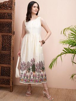 VISHUDH - Women Solid Floral Print Fit and Flare Midi Dress