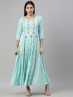 NEERU'S - Neerus Sea Green Bandhani Yoke Design A-Line Regular Kurtas