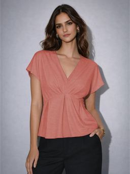 Cove and Lane - Crepes way Pleated Top - Coral Pink