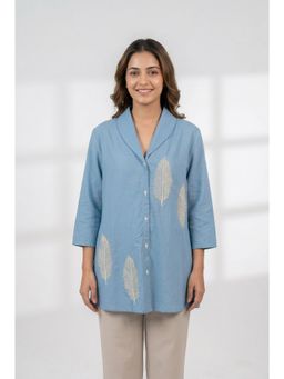 Jisora - Womens Blue Embroidered Cotton Flex Shirt