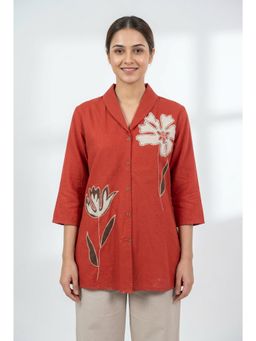 Jisora - Womens Rust Embroidered Cotton Shirt
