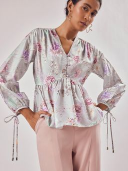 The Label Life - Grey Floral Print Peplum Tie Top