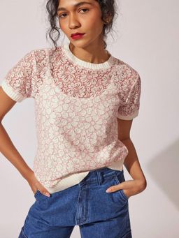 The Label Life - Off White Lace Ribbed Detail Top