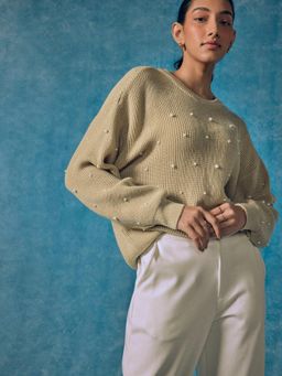 The Label Life - Light Khaki Pearl Beaded Jumper Top