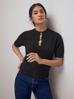 The Label Life - Black Button Detail Knit Top