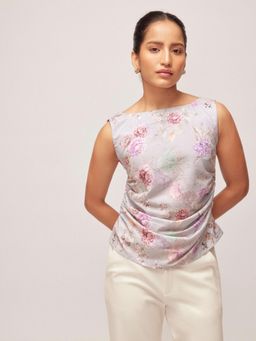 The Label Life - Grey Floral Print Ruched Top