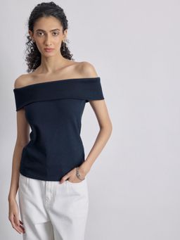 The Label Life - Navy Knit Off Shoulder Top