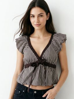 Outzidr - Brown Half Sleeve Front Bow Crop Top