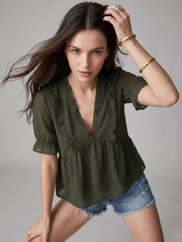 Outzidr - Green Half Sleeve V-Neck Top