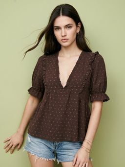 Outzidr - Brown Half Sleeve V-Neck Top