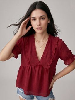 Outzidr - Red Half Sleeve V-Neck Top