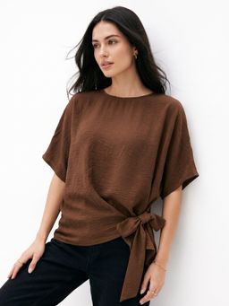 Outzidr - Brown Waist Tie-Up Crew Neck Tops