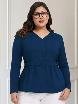 Martini - Blue Plus Size Full Sleeve Formal Top With Belt