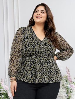 Martini - Black Plus Size Dobby Printed Boho Button Top