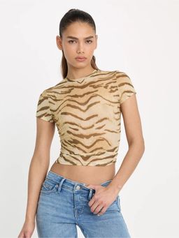 Outzidr - Beige Animal Printed Mesh Crop Top