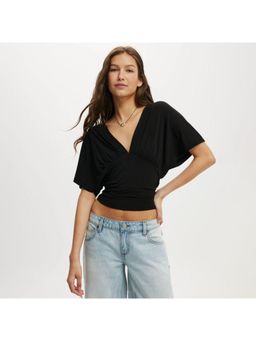 Outzidr - Black Half Sleeve V-Neck Crop Top