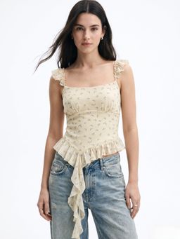 Outzidr - Yellow Half Detail Floral Print Top