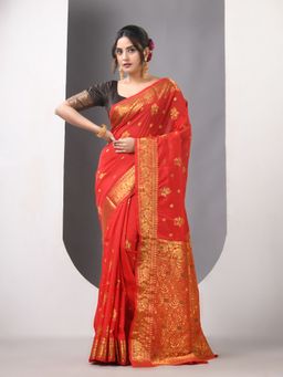 CHARUKRITI - Red Floral Silk Zari Border Saree with Unstitched Blouse