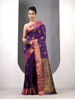 CHARUKRITI - Violet Floral Silk Zari Border Saree with Unstitched Blouse