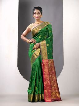 CHARUKRITI - Green Floral Silk Zari Border Saree with Unstitched Blouse
