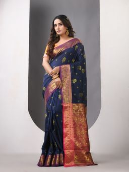 CHARUKRITI - Navy Blue Floral Silk Zari Border Saree with Unstitched Blouse