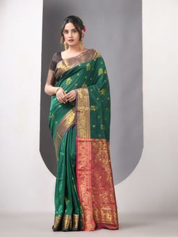 CHARUKRITI - Green Floral Silk Zari Border Saree with Unstitched Blouse