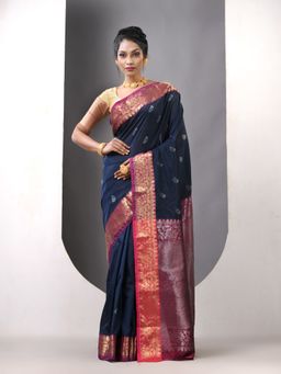 CHARUKRITI - Navy Blue Floral Silk Zari Border Saree with Unstitched Blouse