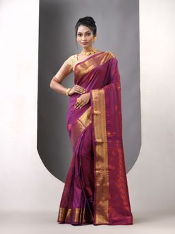 CHARUKRITI - Purple Katan Silk Zari Border Saree with Unstitched Blouse
