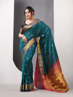 CHARUKRITI - Teal Paithani Silk Zari Border Saree with Unstitched Blouse
