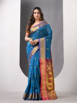 CHARUKRITI - Sapphire Blue Paithani Silk Zari Border Saree with Unstitched Blouse