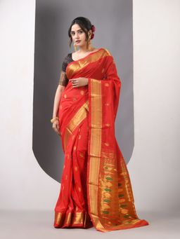 CHARUKRITI - Red Paithani Silk Zari Border Saree with Unstitched Blouse