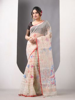 CHARUKRITI - Beige Muslin Soft Saree Jamdani Designs Saree with Unstitched Blouse