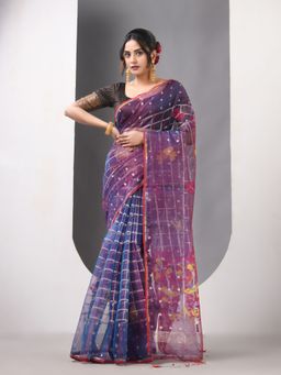 CHARUKRITI - Sapphire Blue Saree Jamdani Designs Saree with Unstitched Blouse