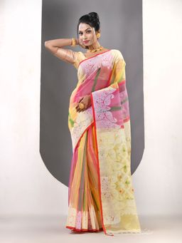 CHARUKRITI - Yellow Muslin Jamdani Designs Saree with Unstitched Blouse