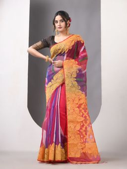 CHARUKRITI - Purple Muslin Jamdani Designs Saree with Unstitched Blouse