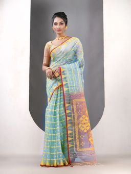 CHARUKRITI - Mint Green Muslin Jamdani Designs Saree with Unstitched Blouse