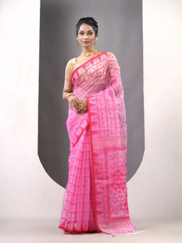 CHARUKRITI - Pink Muslin Jamdani Designs Saree with Unstitched Blouse