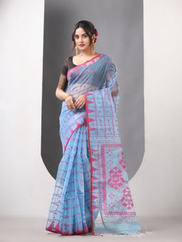 CHARUKRITI - Sky Blue Muslin Jamdani Designs Saree with Unstitched Blouse
