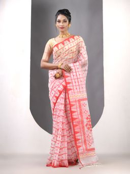 CHARUKRITI - White Muslin Jamdani Designs Saree with Unstitched Blouse