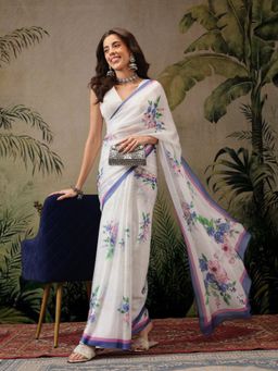 Silk Land - White Bollywood Inspired Floral Saree with Unstitched Blouse