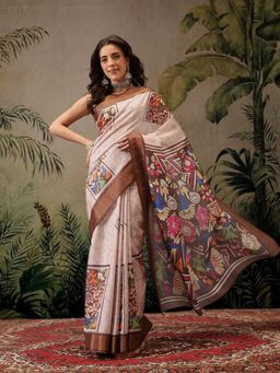 Silk Land - Beige Kotha Silk Bengali Style Saree with Unstitched Blouse