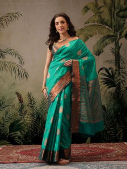 Silk Land - Green Banarasi Copper Zari Woven Saree with Unstitched Blouse