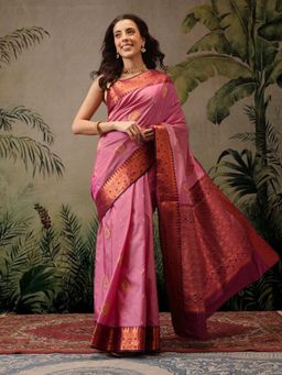 Silk Land - Pink Banarasi Copper Zari Woven Saree with Unstitched Blouse