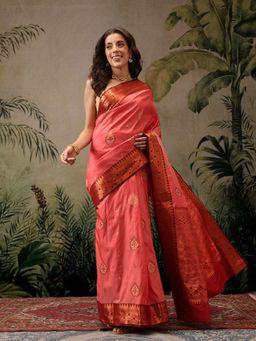 Silk Land - Peach Banarasi Copper Zari Woven Saree with Unstitched Blouse